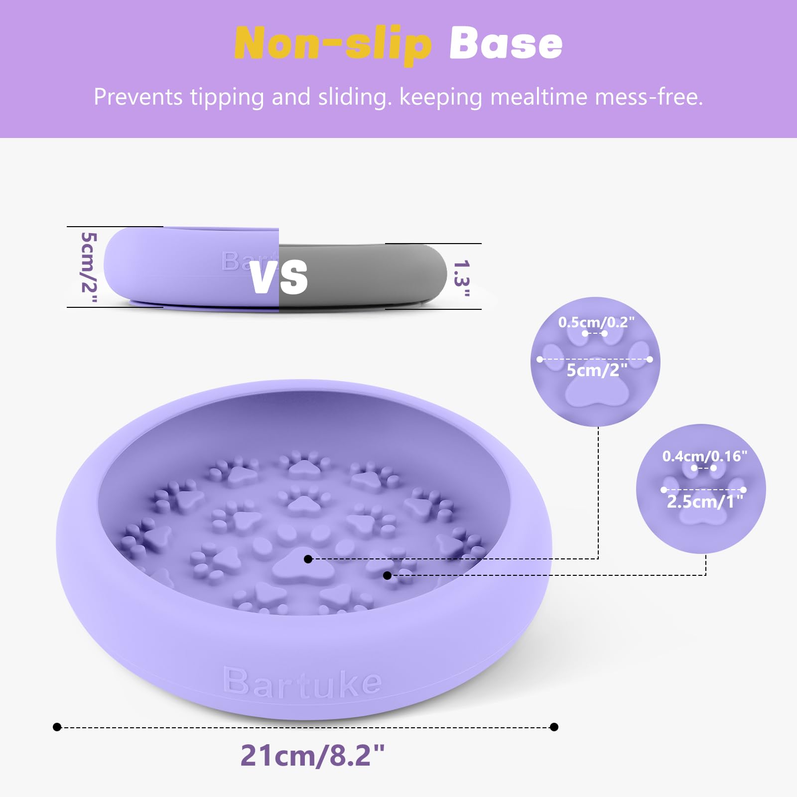 Grande ciotola per cibo in silicone, 21 x 21 x 5 cm, per cani con supporto a ventosa antiscivolo per mangiare lento e allenarsi, impedisce l'ingestione, facile da pulire (viola)