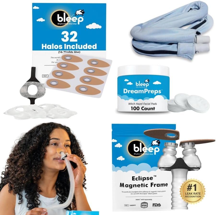 All-in-One CPAP Starter Pack by Bleep - Best CPAP Accessories Kit with Eclipse Mask, Halos, DreamPreps, Hose & Tube - Sleep Apnea Nose Mask for BiPAP Users - Therapy Kit and Supplies for Travel