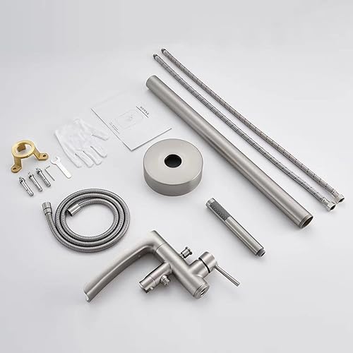 Miniatura 7 de Grifo de bañera independiente en cascada de níquel cepillado para montaje en el suelo, relleno de bañera de latón con una sola manija Grifos de baño