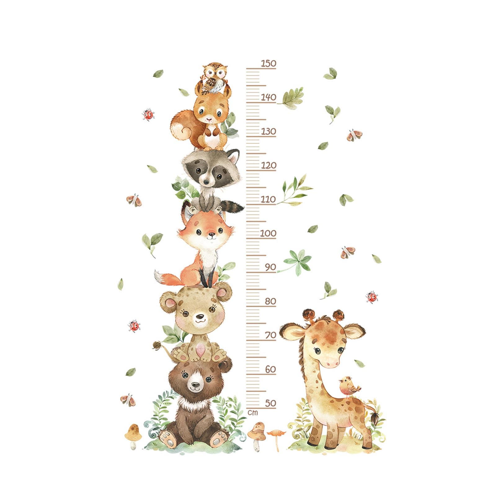 Toise Murale Enfant, Stickers Muraux Chambre Bébé, Règle de Hauteur Enfant, Autocollant Mural Animaux de la Forêt, Sticker Mural de Croissance 50-150 cm, pour Garçons et Filles