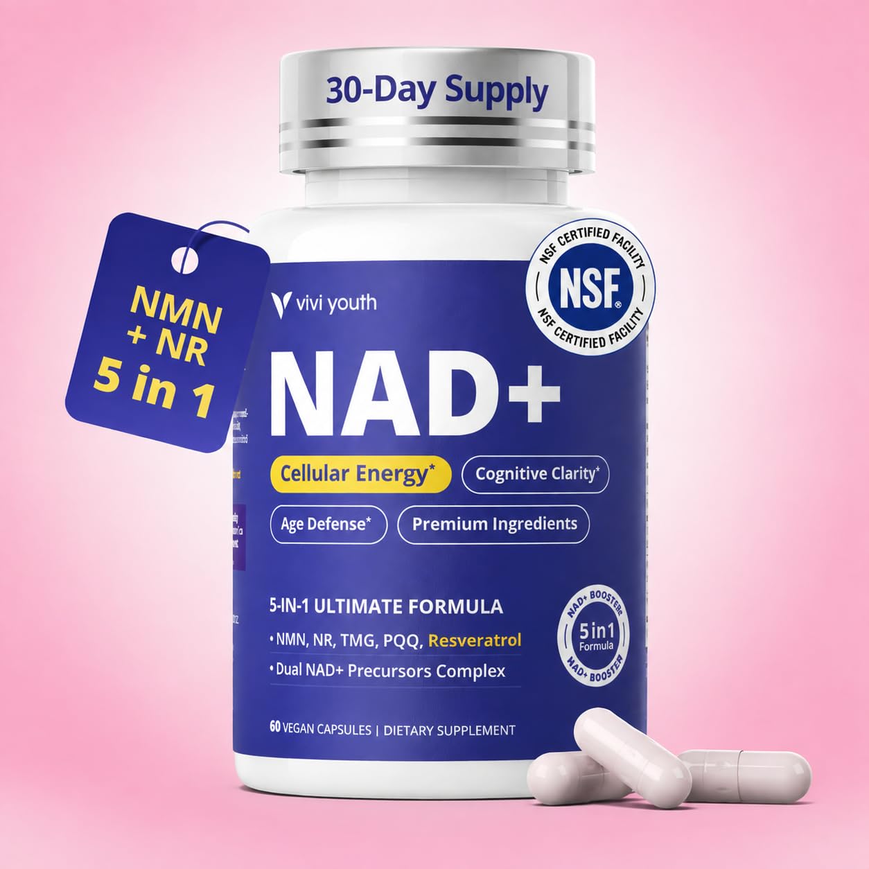 NAD+ Supplements for Women — NMN 250mg, NR 100mg, Resveratrol
