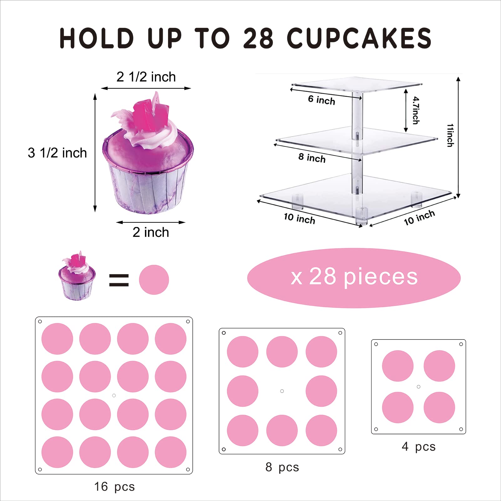 Soporte para cupcakes, soporte para cupcakes de 3 niveles con cuerda de luz LED, torre de acrílico para cupcakes, torre de postre, soporte de pastelería, soporte de nivel para cupcakes para