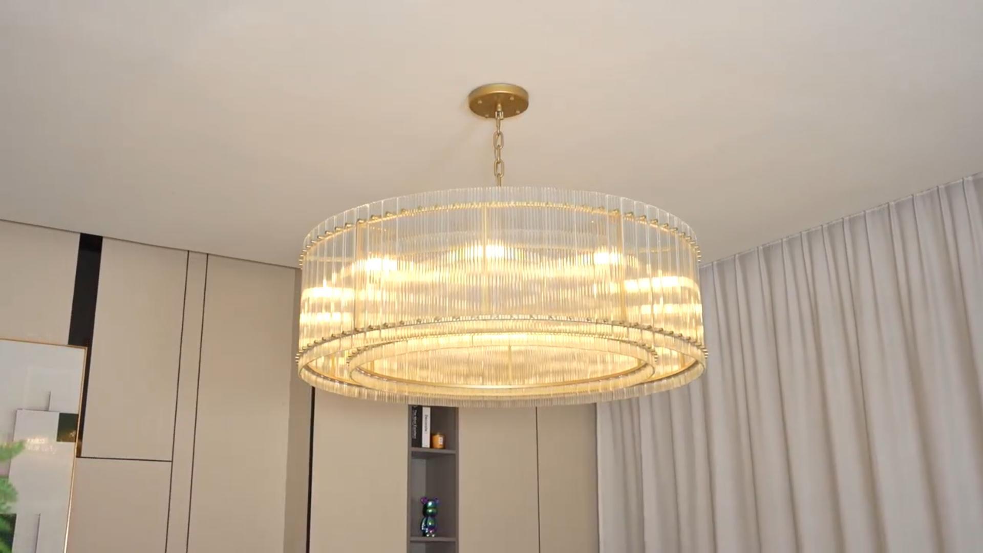 Image of 48-Inch Ripple Glass Chandelier, 2-Tier 10-Light Large Brass Round Chandelier for Dining Rooms, Living Rooms, Foyers, Staircases, Open-Concept Spaces & High Ceilings