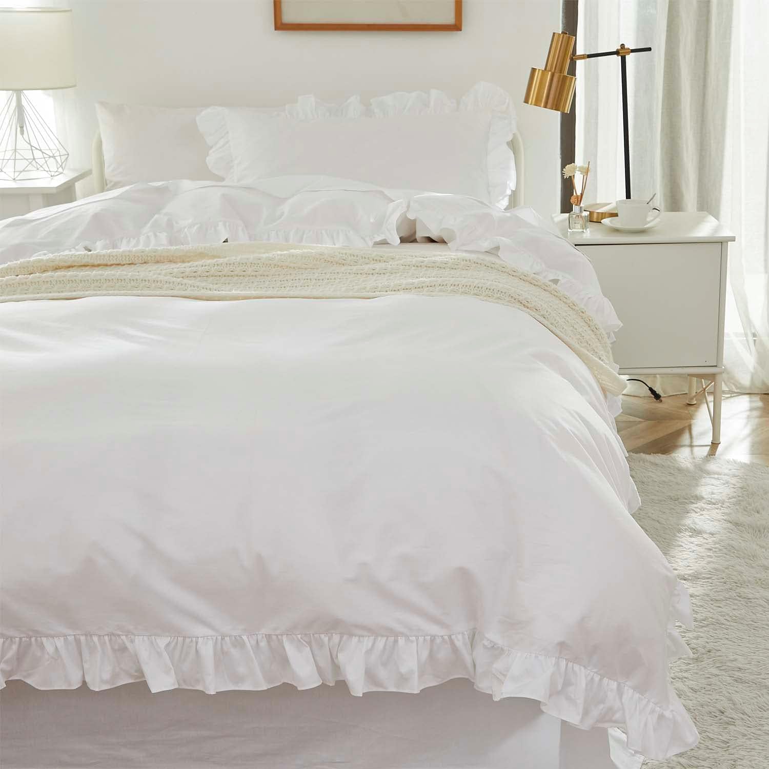 Brandream Kid's Duvet Cover Twin/Twin XL Size,100% Organic Cotton 2pcs Girl Bedding Duvet Cover Set, Ruffled Fringe Solid Color Soft Breathable with Zipper Closure & Corner Ties(White)