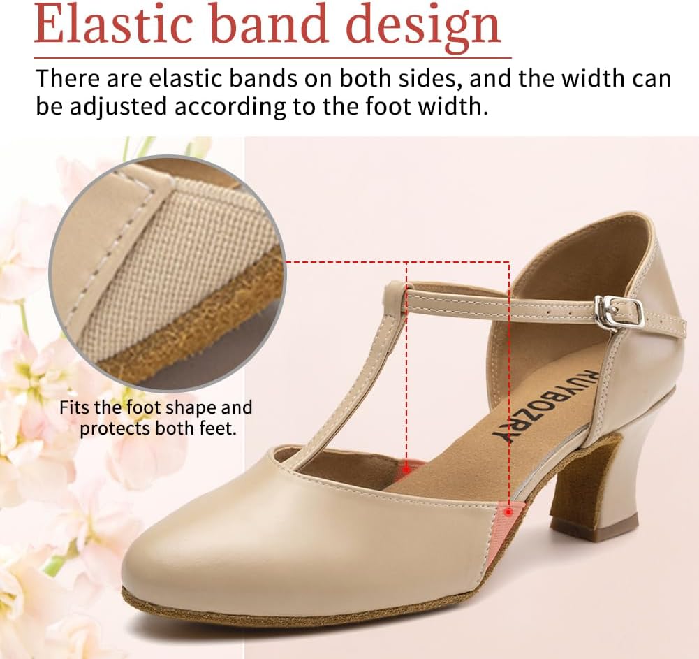 Character Shoes for Women T-Strap Closed Toe Latin Salsa Tango Standard Ballroom Dance Shoes,Model D29-Suede Sole-2.33" Heel