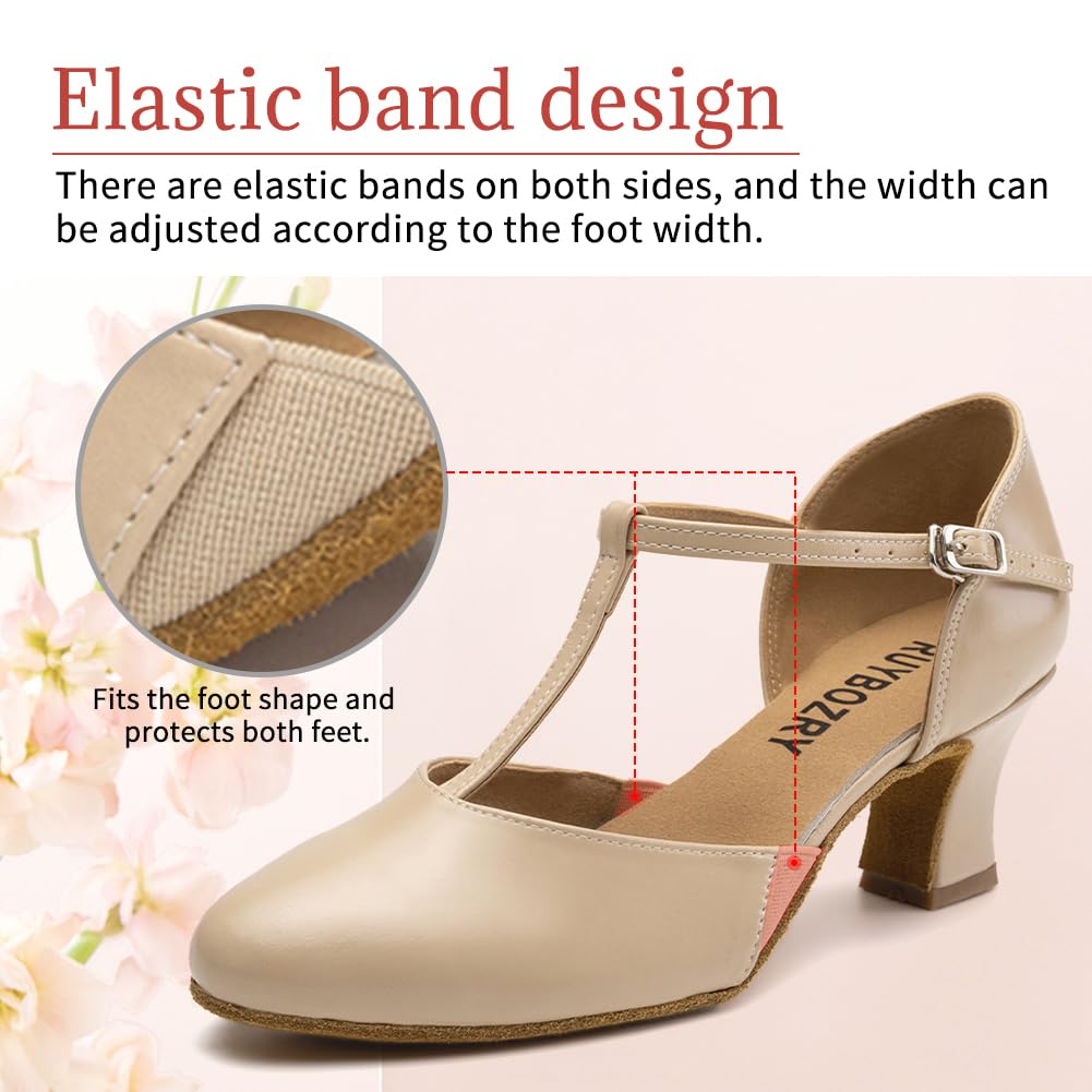 Chaussures de Caractère T-Strap Chaussures de Danse Latine Femme Salsa Bachata avec Talon de 6cm Semelle en Daim