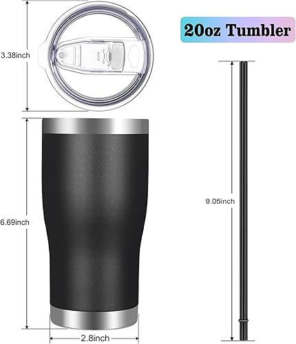 Miniatura 2 de VEGOND Vaso de acero inoxidable de 20 onzas con tapa y pajita, aislado al vacío, taza de café de viaje de doble pared (negro, paquete de 6)