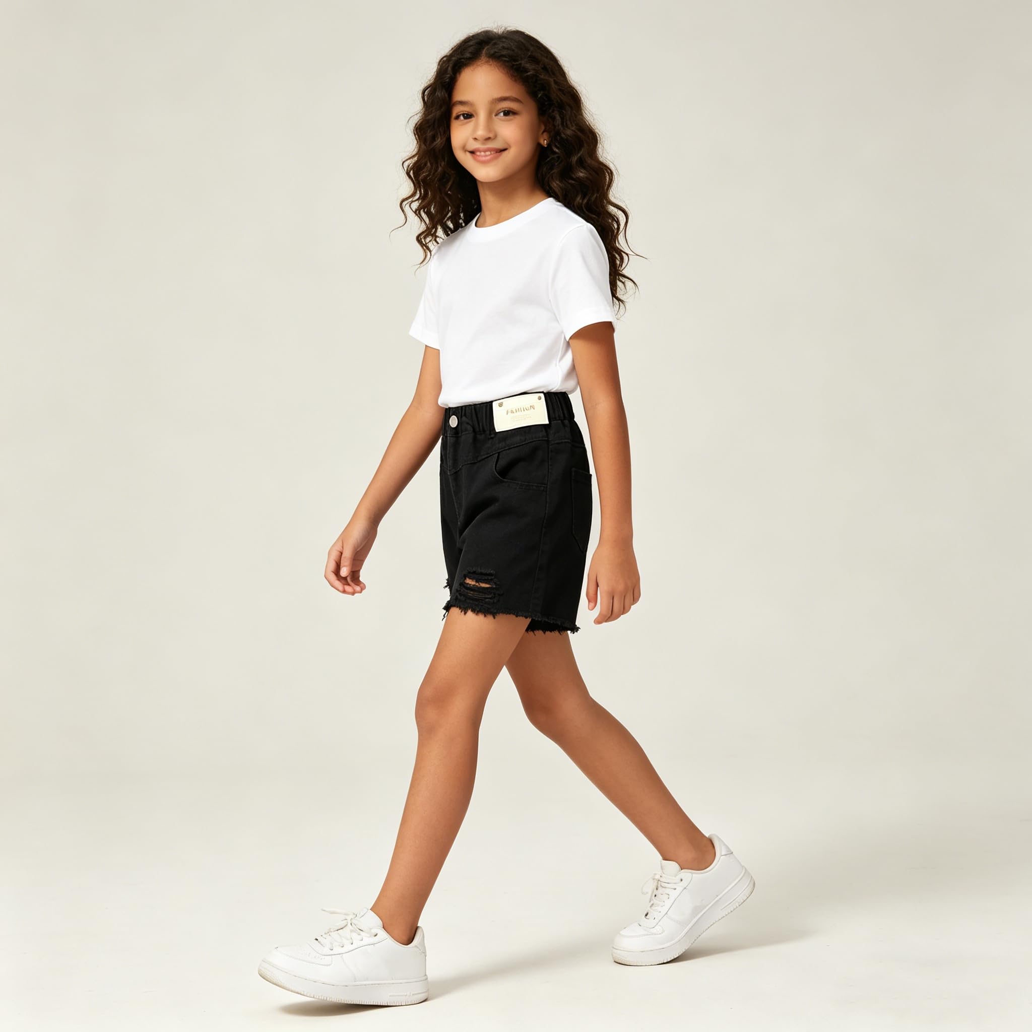 Rolanko Shorts en Jean pour Filles Taille Élastiquée Été Déchirés Jeans Courts avec Poches pour Enfants