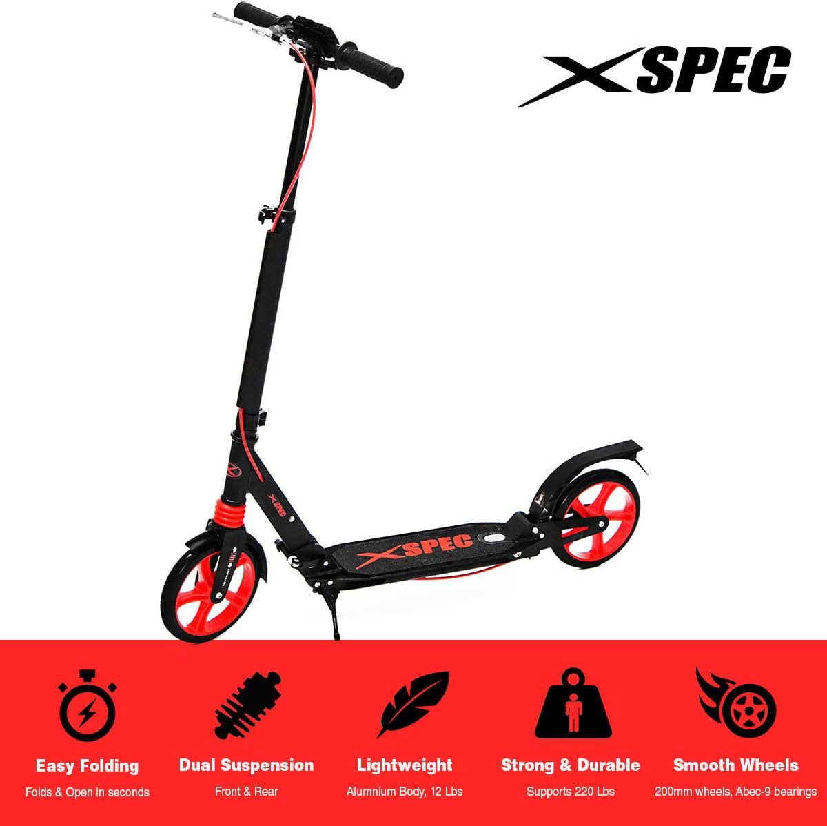 Xspec 921 Folding Adult Kick Street Scooter with Full Suspension, Dual Rear Wheel Braking System and Kick Stand, Supports 220 lbs, City Urban Commuter Street Scooter, Aluminum Frame, Carrying Strap