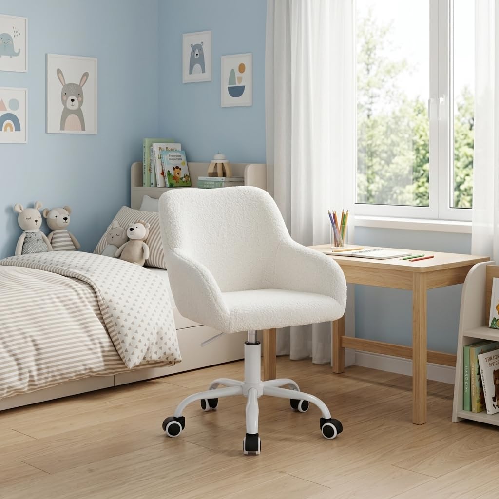 Ya-Home Kids Desk Chair Faux Fur Upholstered Swivel Reading Chair, Cute Adjustable Study Chair with White Wheels for Reading Room Bedroom, White