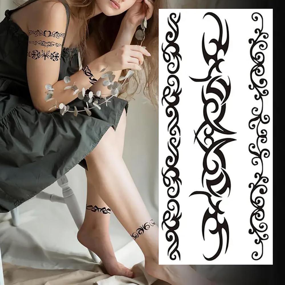 Yesallwas 10 Sheets Black Tribal fake Tattoos for Men Women Bracelet Temporary Tattoo Thorn Totem Line Tattoo Body Sticker - Image 3