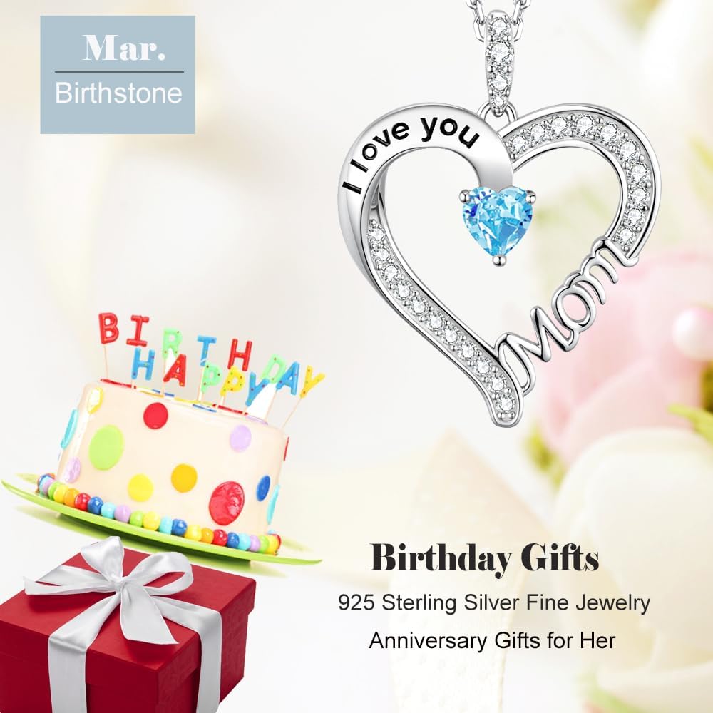 Birthday Gifts for Mom I Love You Mom Necklace Wife March May Birthstones Aquamarine Jewelry for Women 925 Sterling Silver Heart Pendant Necklace