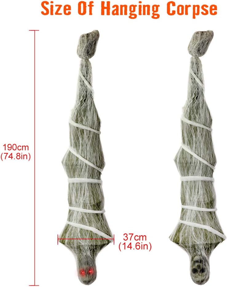 VATOS Halloween Decorations Cocoon Corpse, 74 Inch Hanging Corpses Props Scary Skeleton Body with LED Skull Eyes Inside Spider Web for Haunted Yard Indoor & Outdoor Decor Terror Props