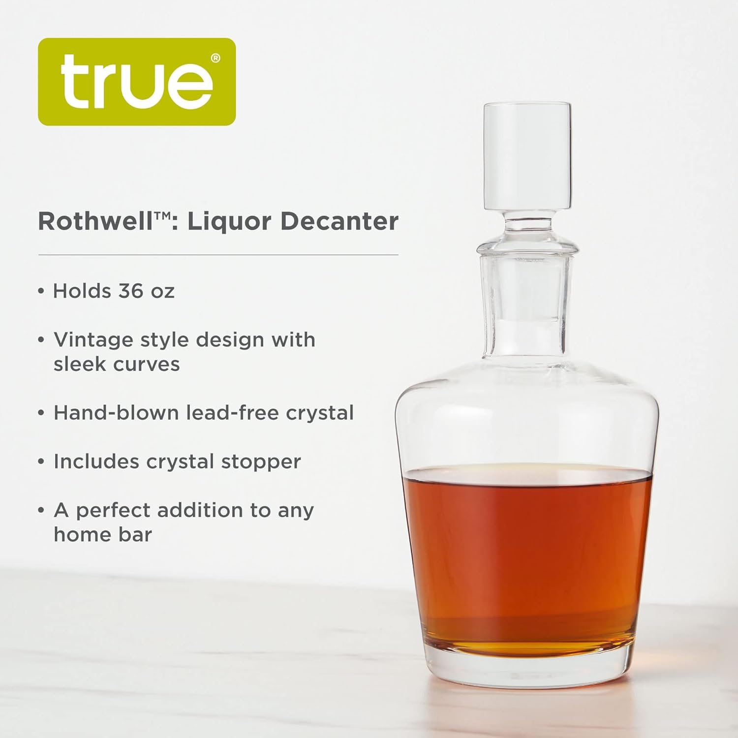True Rothwell Whiskey Decanter with Airtight Stopper, Liquor Decanters for Bourbon Scotch Vodka Gin Cocktail Party Home Bar Accessories 36 oz Set of 1