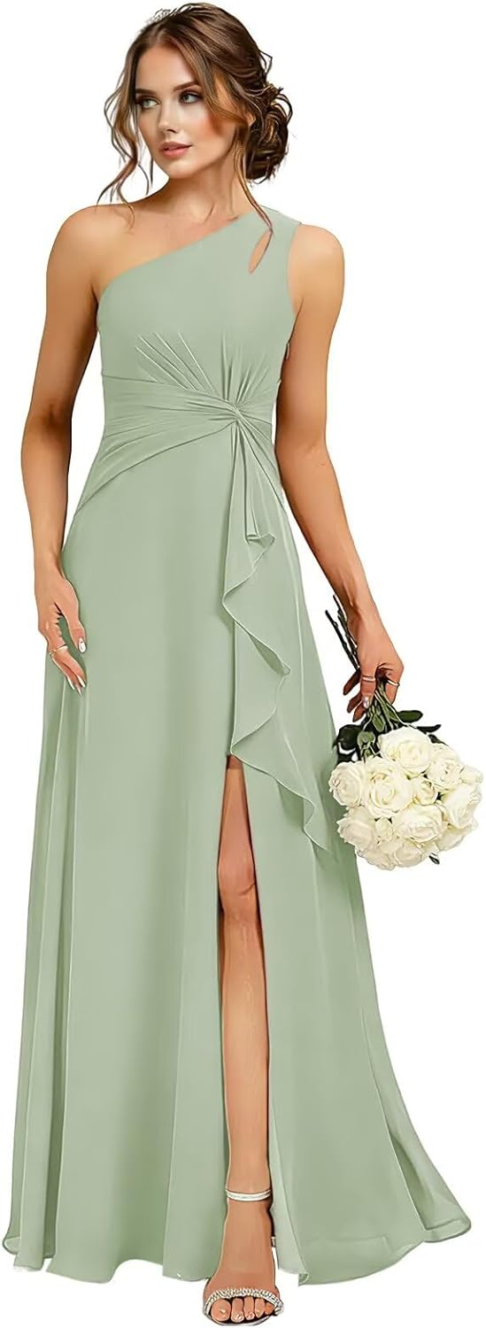 Chiffon One Shoulder Bridesmaid Dresses with Slit Long Ruffle Formal Party Dress with Pocket