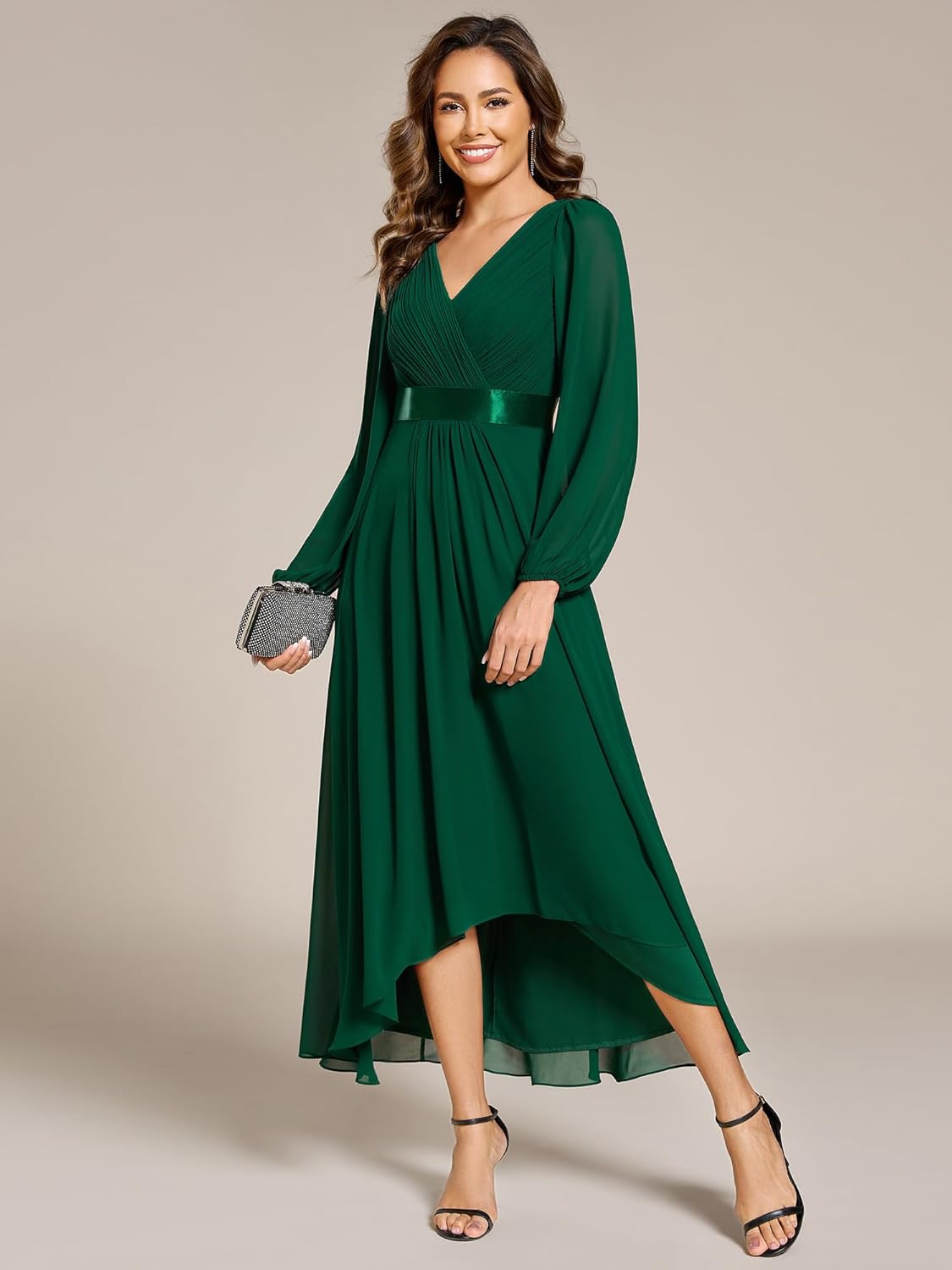 Ever-Pretty Women's Fall Chiffon Evening Dress V Neck Long Sleeves High-Low A-Line Formal Wedding Guest Dresses 09894 - Image 3