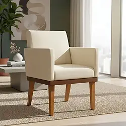 Poltrona Decorativa Para Sala Recepção Manicure Consultório Salão de Beleza Base em Madeira Divine Tecido Suede (Bege)