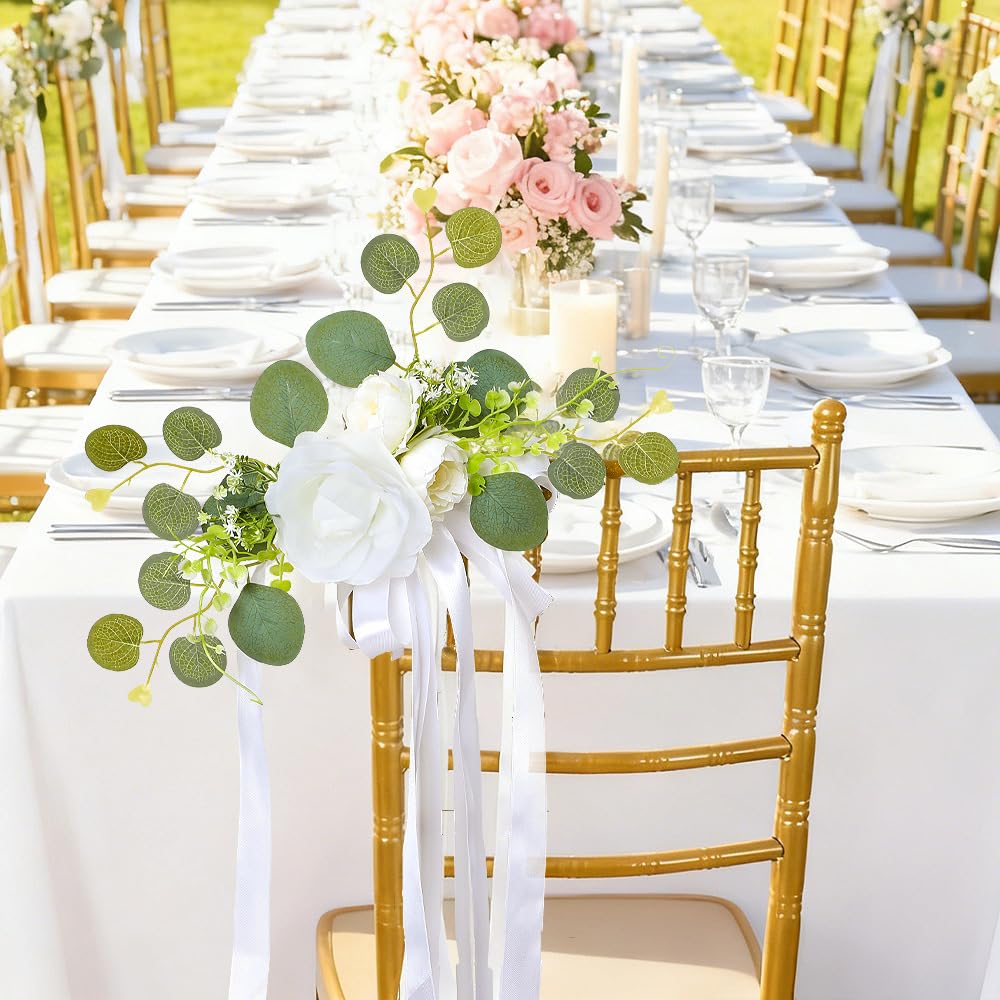 16 Stück Hochzeits Stuhl Rücken Blumen Künstliche Rosenblumen Satin-Stuhlschärpen stuhlschleifen stuhlbänder autoschleife Stuhldekoration für Hochzeit Party Geburtstag Weiß