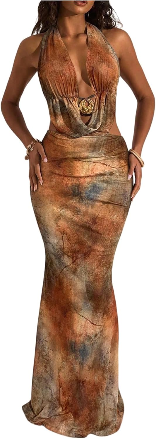 WDIRARA Women's Draped Halter Bodycon Dress Tie Dye Sleeveless Tie Backless Fishtail Maxi Dresses