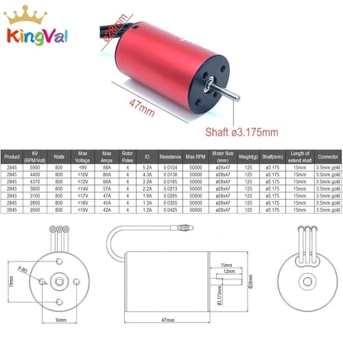 Miniatura 2 de KingVal Reemplazo 2845 3100KV Eje de motor sin escobillas impermeable 0.125 in compatible con 114 RC Car