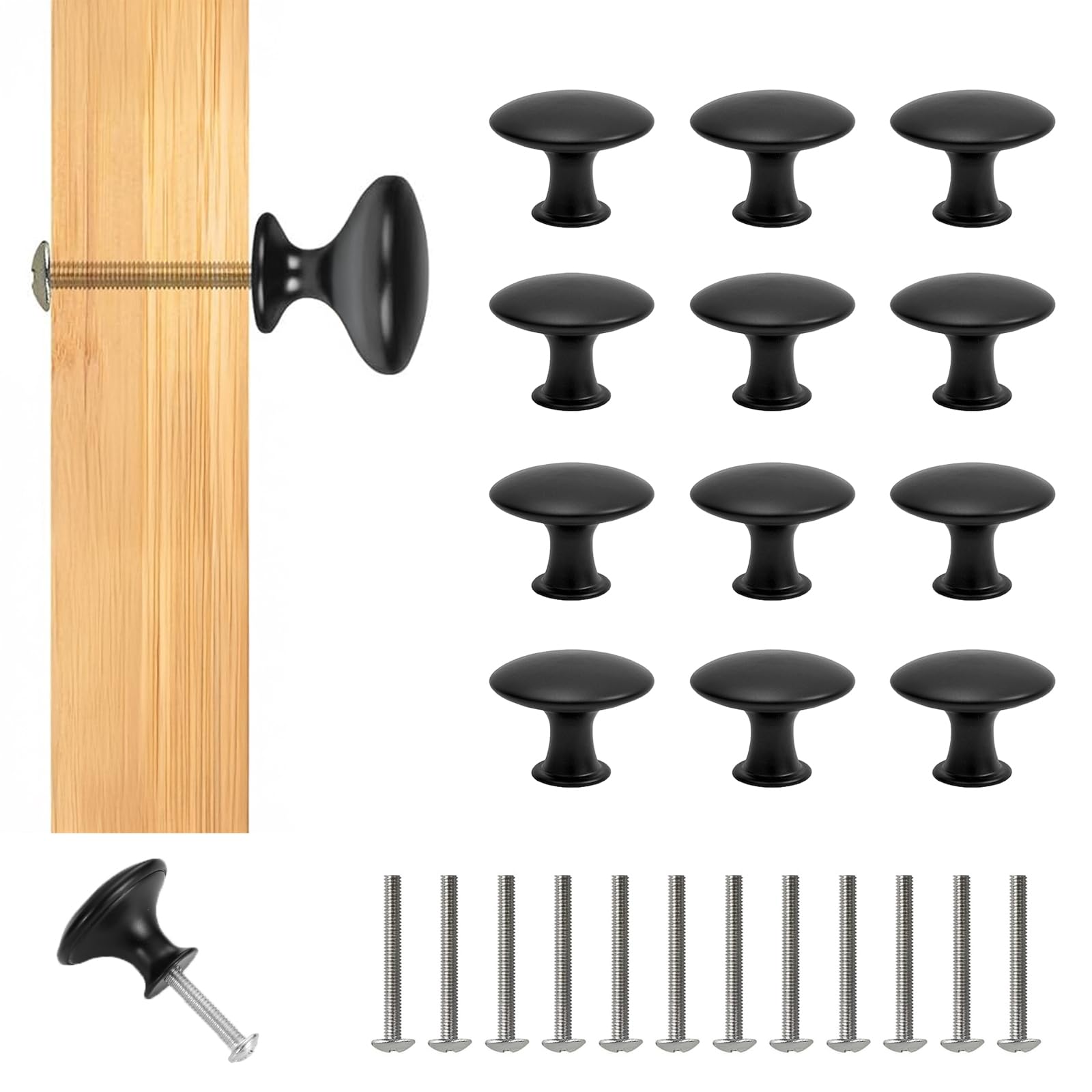 Cabinet Knobs, 12 Pcs 30mm Black Mushroom Cupboard Handles with Screws