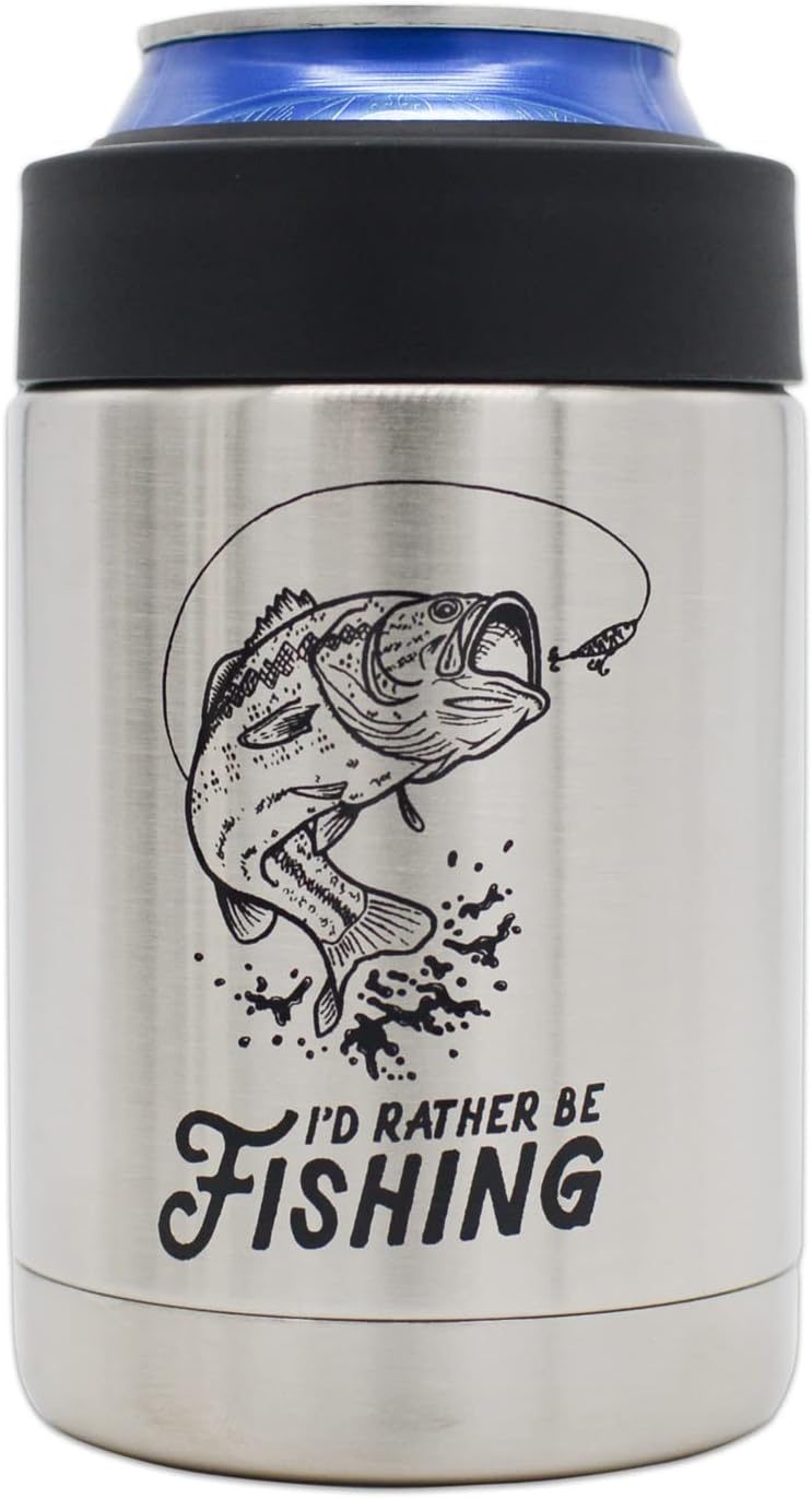 "I'd Rather Be Fishing" Insulated Stainless Steel Can Cooler for Cans + Bottles - great dad birthday gift, fishing gear idea, unique bass pro boat accessory, coolie gift for men, mystery box or prize