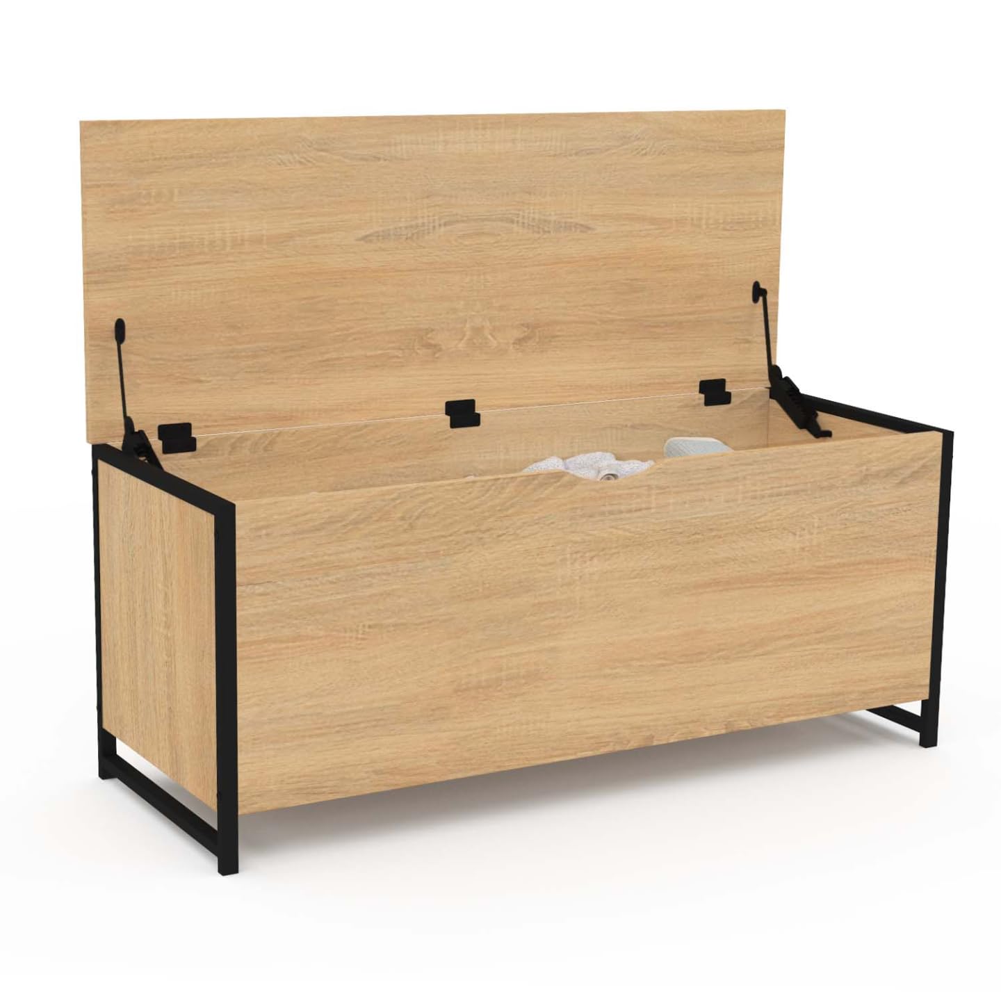 Banc Coffre Rangement 100 Cm - Tissu Bouclette Blanc, Pieds Métal Noir, Assise Capitonnée