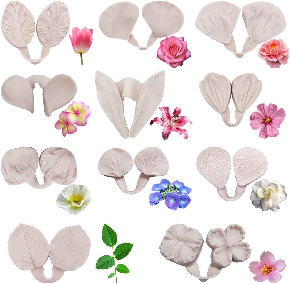 11Set Gumpaste Flower Silicone Mold kit-Sugar Paste Veining Mold,Gum Paste Flower Tools, Fondant Flower Silicone Mold for Wedding Flower Cake Decorating, Chocolate, Sugar, Soap,Polymer Clay