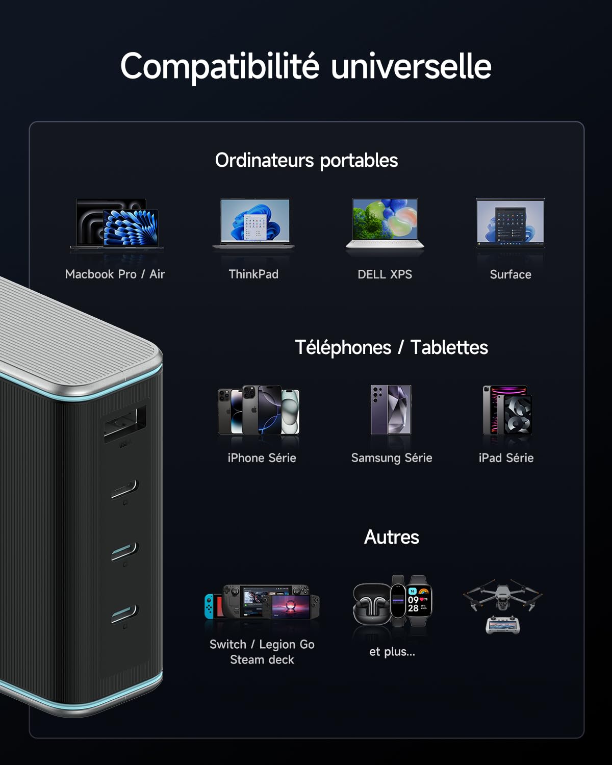 CUKTECH 15 140W Chargeur USB C, 4 Ports PPS PD3.1 et GaN III Tech Chargeur Rapide, Chargeur pour Ordinateur Portable, MacBook Air/Pro, iPad Pro, iPhone 17/16, Samsung S24/S23, Xiaomi, Switch