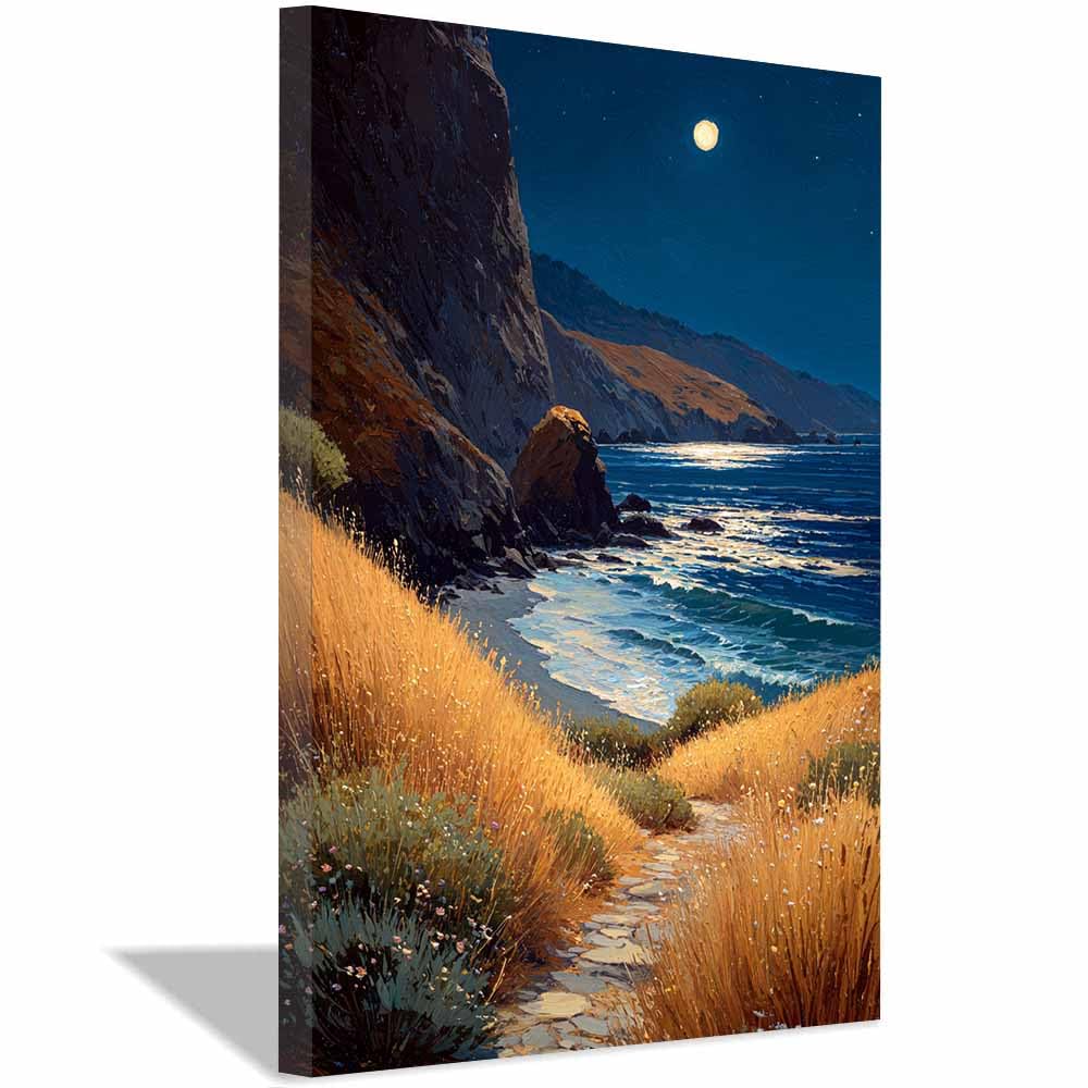 HOQIU Vintage wall art Moonlit Ocean Trail decorative painting, wall art, for Living Room Bathroom Bedroom Kitchen Decoration.(Multicolor)-30x40cm Framed