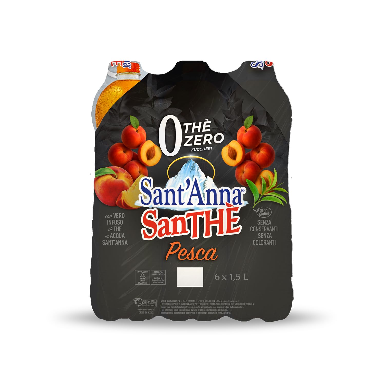 Sant'Anna SanThè Zero 1,5L Gusto Pesca | Pack 3 Confezioni da 6 Bottiglie di Vero Infuso di Thè in Acqua Sant'Anna | Zero Zuccheri, Zero Calorie, Zero Glutine