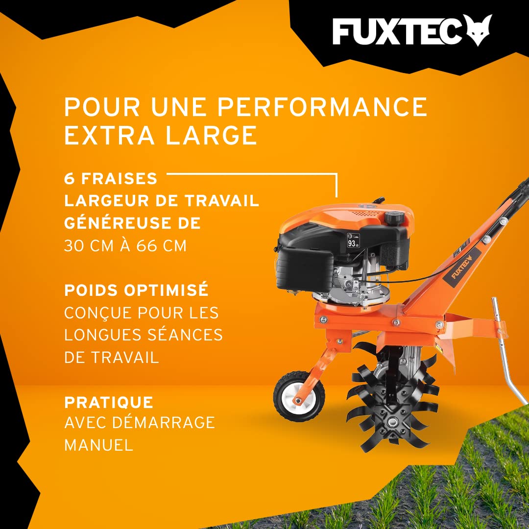 Fuxtec Motobineuse Thermique FX-AF1139 Set Motoculteur Essence Moteur 4 Temps 139cm3 2,2kW avec Extension De La Largeur De Travail De 36 à 66cm Cultivateur Profondeur Réglable Jusqu’à 30cm