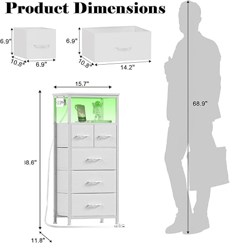 Miniatura 3 de Furnulem Mesita de noche alta con 5 cajones de tela, cómoda blanca para dormitorio con luces LED y estación de carga, mesita de noche vertical para