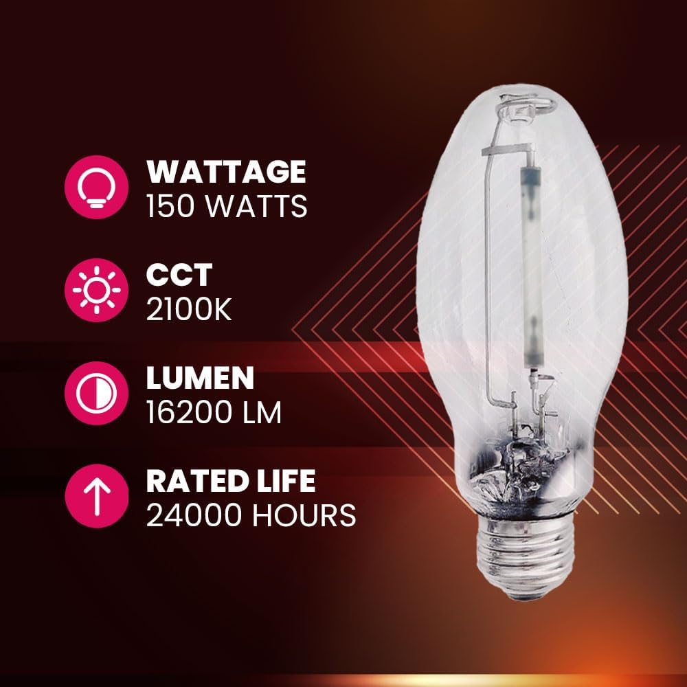 LU150/MED High Pressure Sodium Light Bulb, 150 Watts, ED17/MED, Medium Base (E26), ANSI Code S55, 16200 Lumen, 24000 Life Hours, Clear Bulb, 2100K, 2 Pack