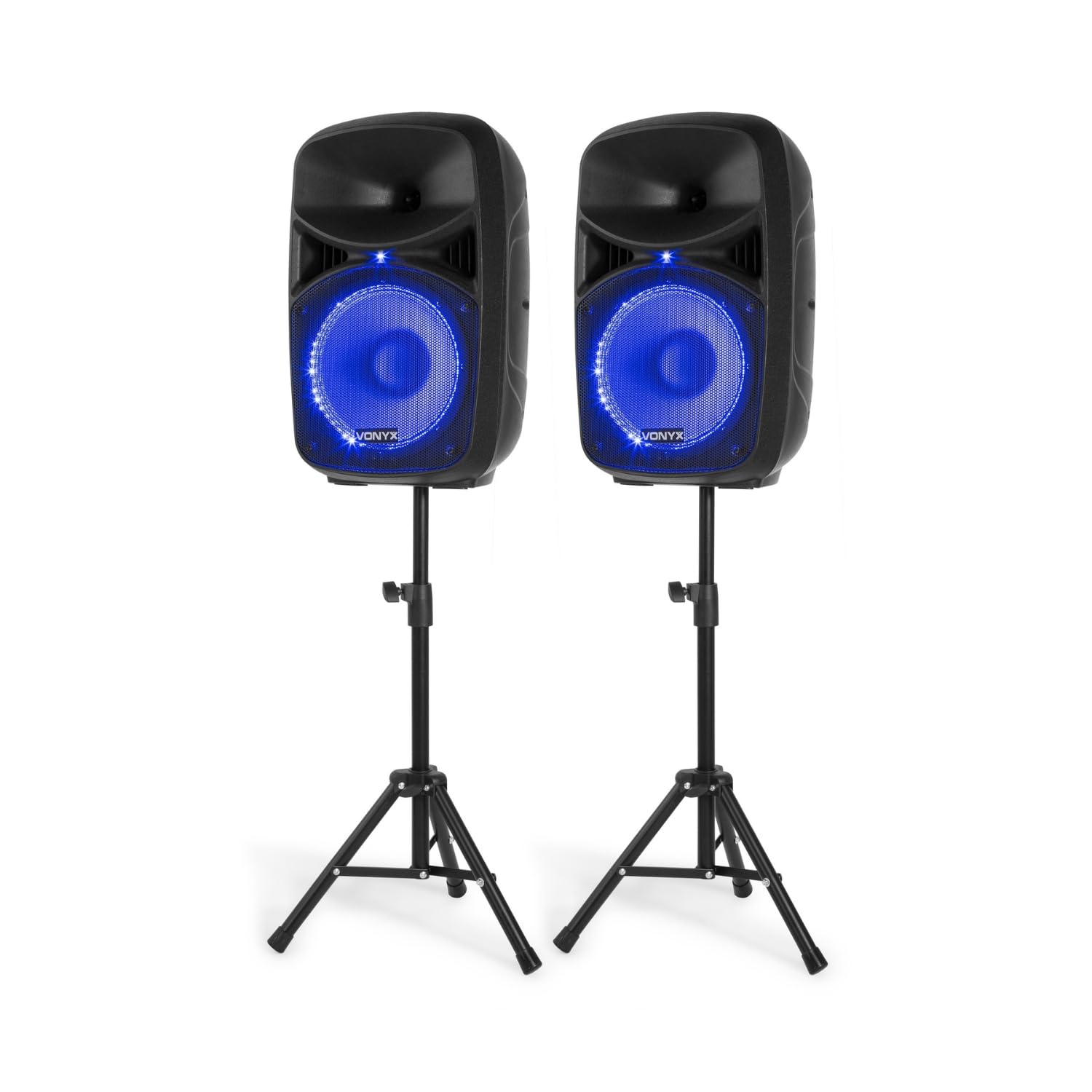 Vonyx VPS102A – Sistema de Sonido Activo 600W con 2 Altavoces 10”, Bluetooth, USB, SD, micrófono, Soportes y LED rítmicos, Altavoz Karaoke portátil Potente para Fiesta y DJ, Color Negro