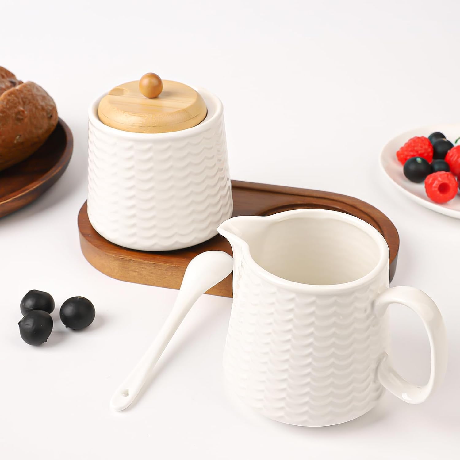 Ceramic Sugar and Creamer Set, Porcelain Coffee Serving Set with Cream Pitcher, Sugar Bowl, Lid & Spoon, 10 Ounce Creamer Container and Sugar Pot (CTNAIXSMU2)