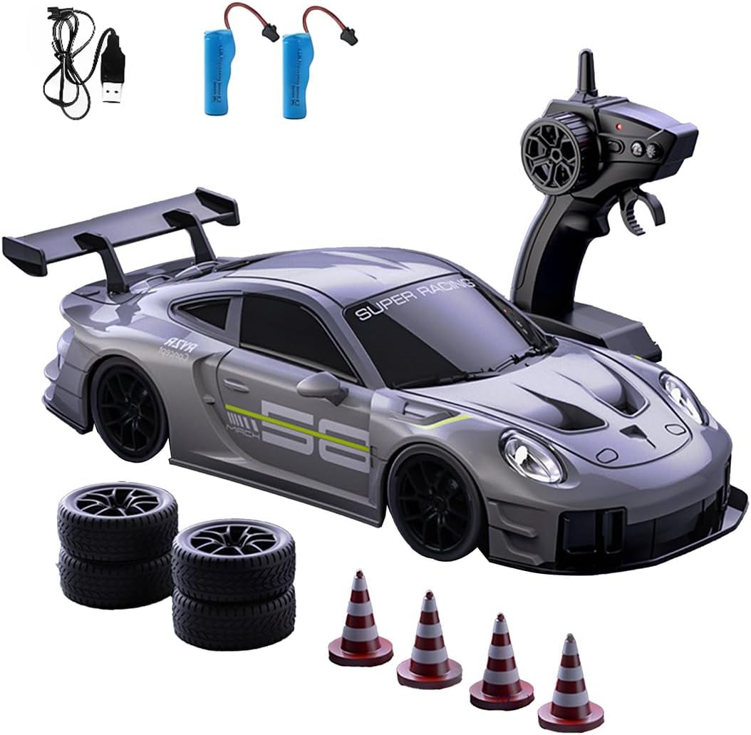 1:20 4WD High-Speed Drift RC Car with Gear Shift, 2.4GHz Remote Control Racing Vehicle, Dual Tires, LED Lights(Grey/2 Battery)