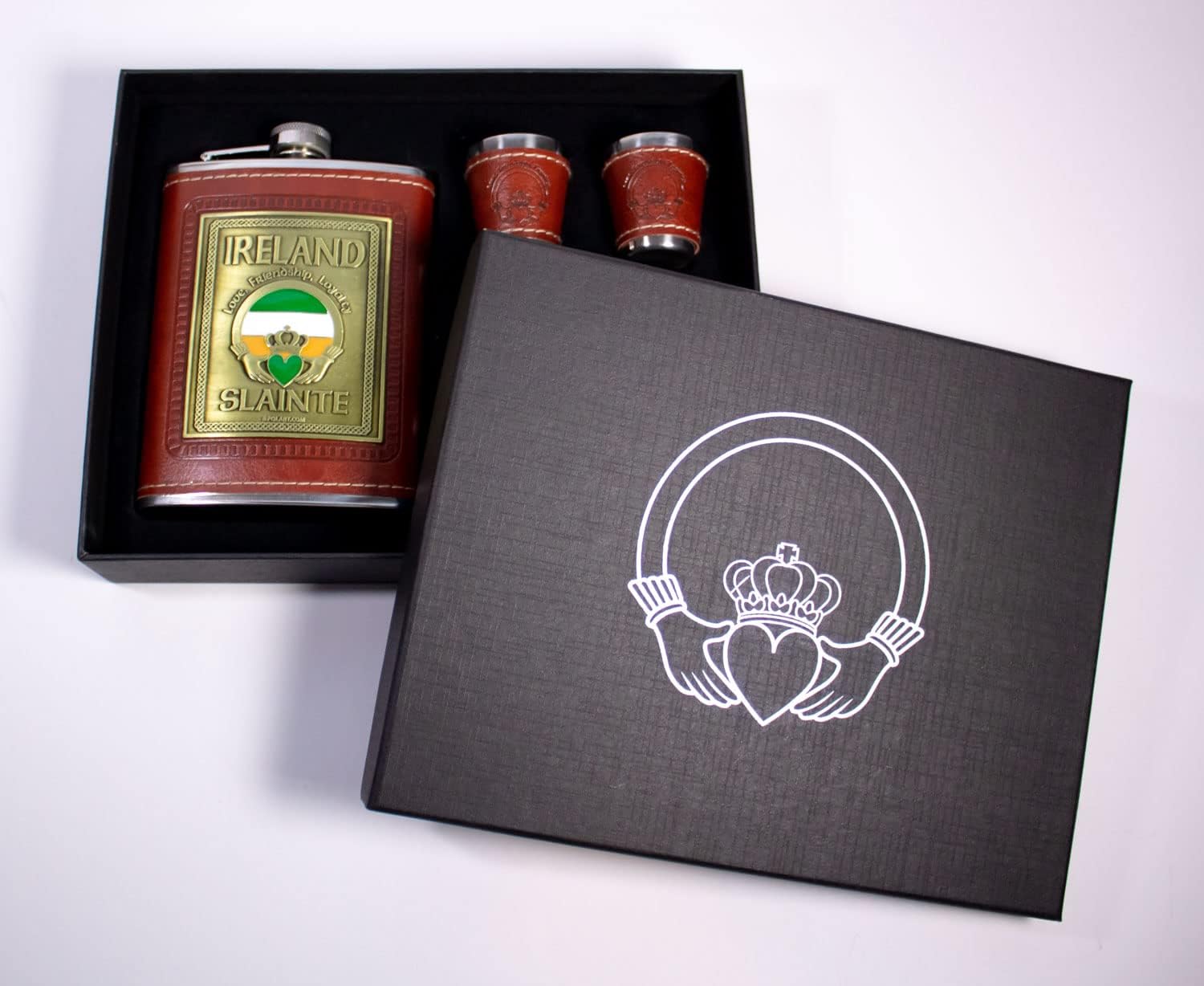 Irish Flask Set - Stainless Steel Flask with Four Shot Glasses, Funnel, and Gift Box - Liquor Flask for Men, Stainless Steel Hip Flasks for Liquor, Alcohol, and Whiskey (Irish Gifts for Men)