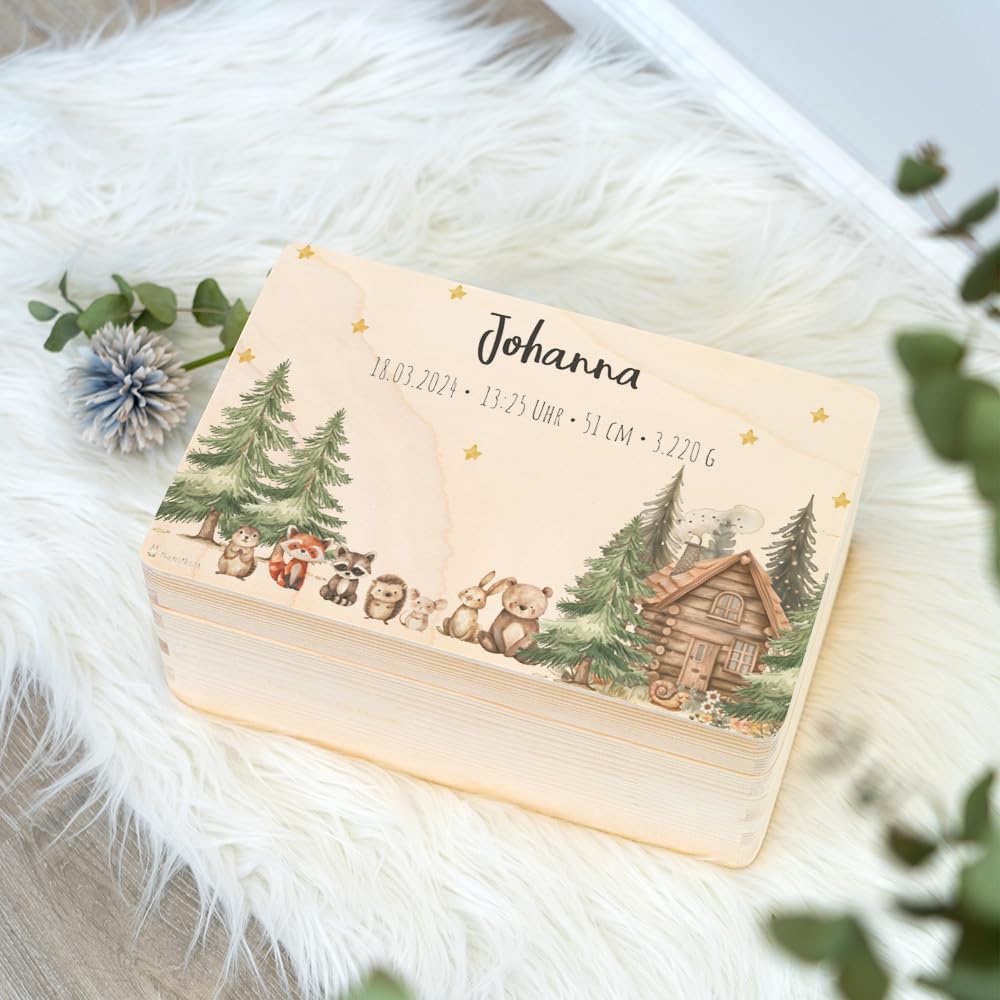 Geschenkfreude Erinnerungsbox Baby Personalisiert - 30x20x14cm - UV-Druck - Individuelle Baby Aufbewahrungsbox - tolle Erinnerungskiste aus Holz - Einzigartige Geschenke zur Geburt - Waldfreunde
