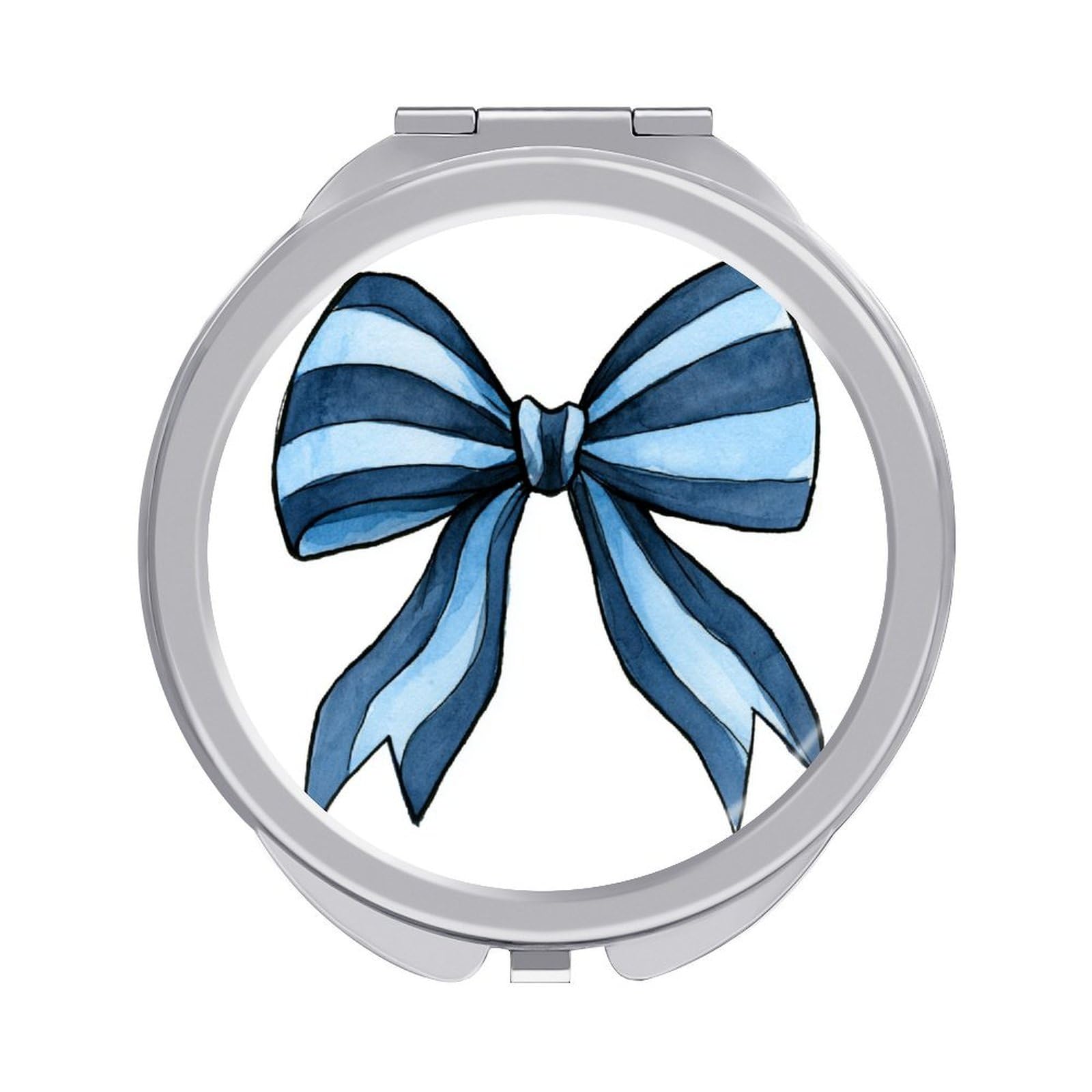 Jubonexis Navy Powder Blue Striped Bow with Ribbon Tails Women Pocket Mirrors, Girls Small Portable Travel Makeup Mini Mirror