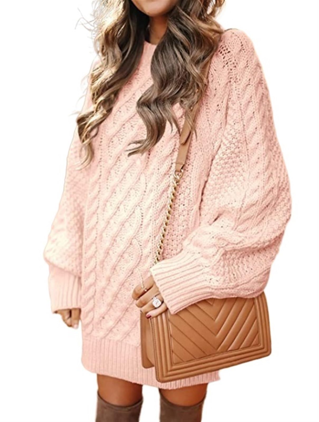 SINLEX Women Long Sleeve Oversized Cable Knit Chunky Baggy Loose Pullover Tunic Mini Sweater Dress Trendy Fall Outfits(Pink1,M)
