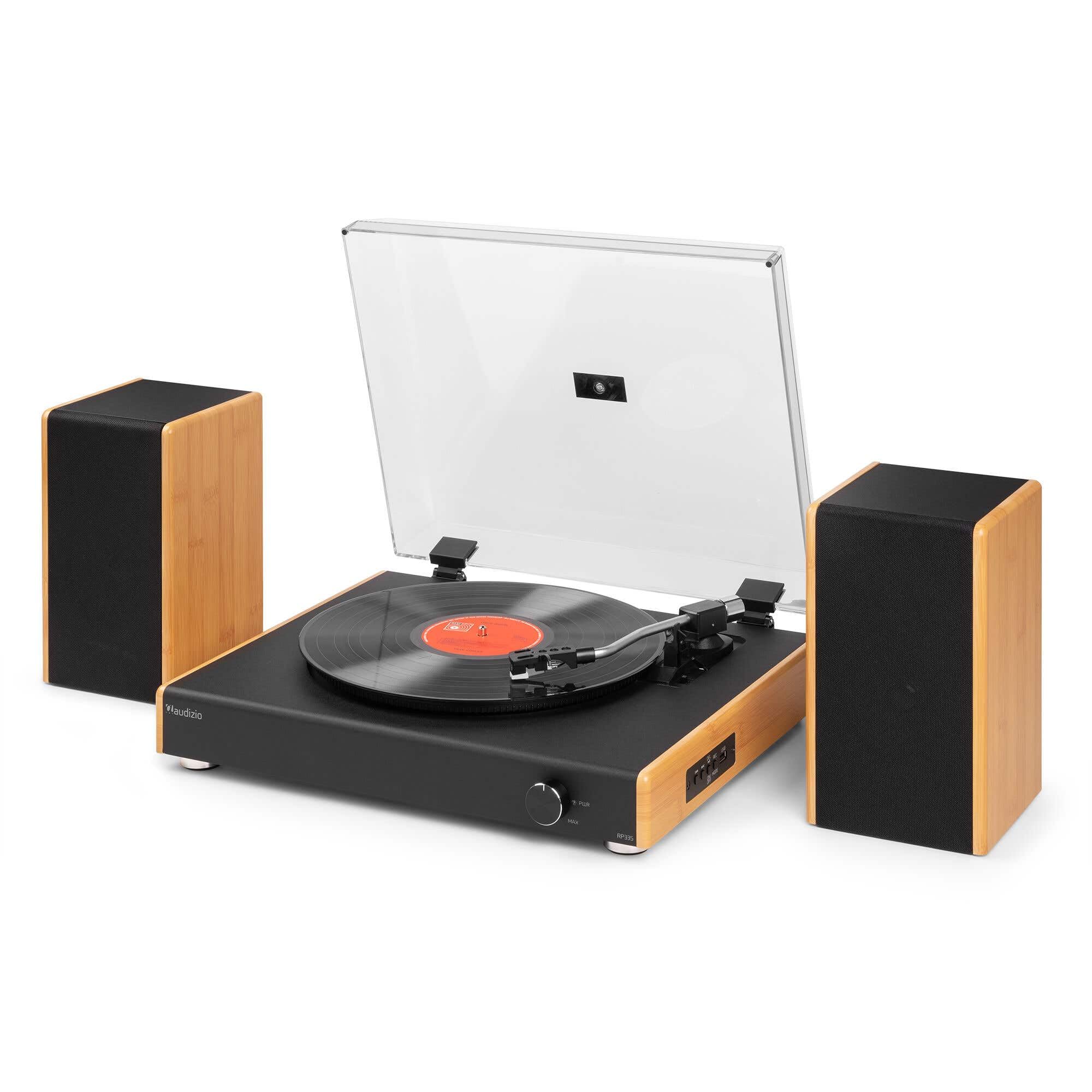 Audizio RP335 - Platino in vinile Bluetooth con altoparlanti 2 x 40 W, design elegante, versione in bambù, riproduzione USB, 3 velocità, funzione registratore, ideale per audiofili e collezionisti di