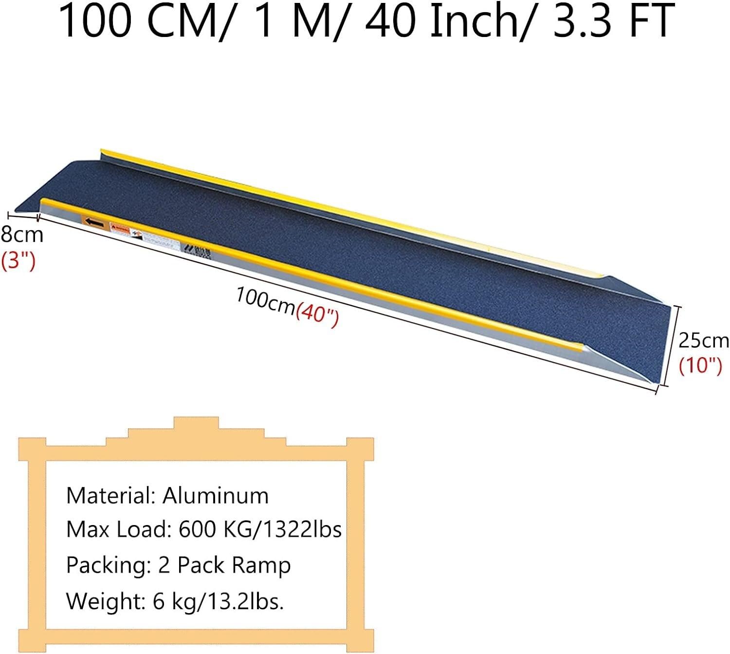 Schody rampowe Podjazd dla wózków inwalidzkich na stopnie (2 paczki), rampa aluminiowa do szopy, istniejące schody, krawężniki, drzwi i drzwi tarasowe(100cm/3.3 FT)