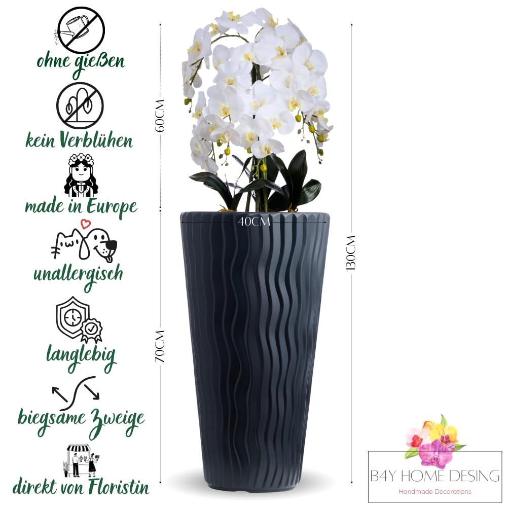 Orchideengesteck kunstlich im Topf schwarz matt, 6 Rispen, weiße lebensgetreue Blüten wie Echt, 130x40cm, skandinavisch | XXL Arrangement Dekoblumen Kunstpflanze - Hochzeitsdekoration Empfangsbereich