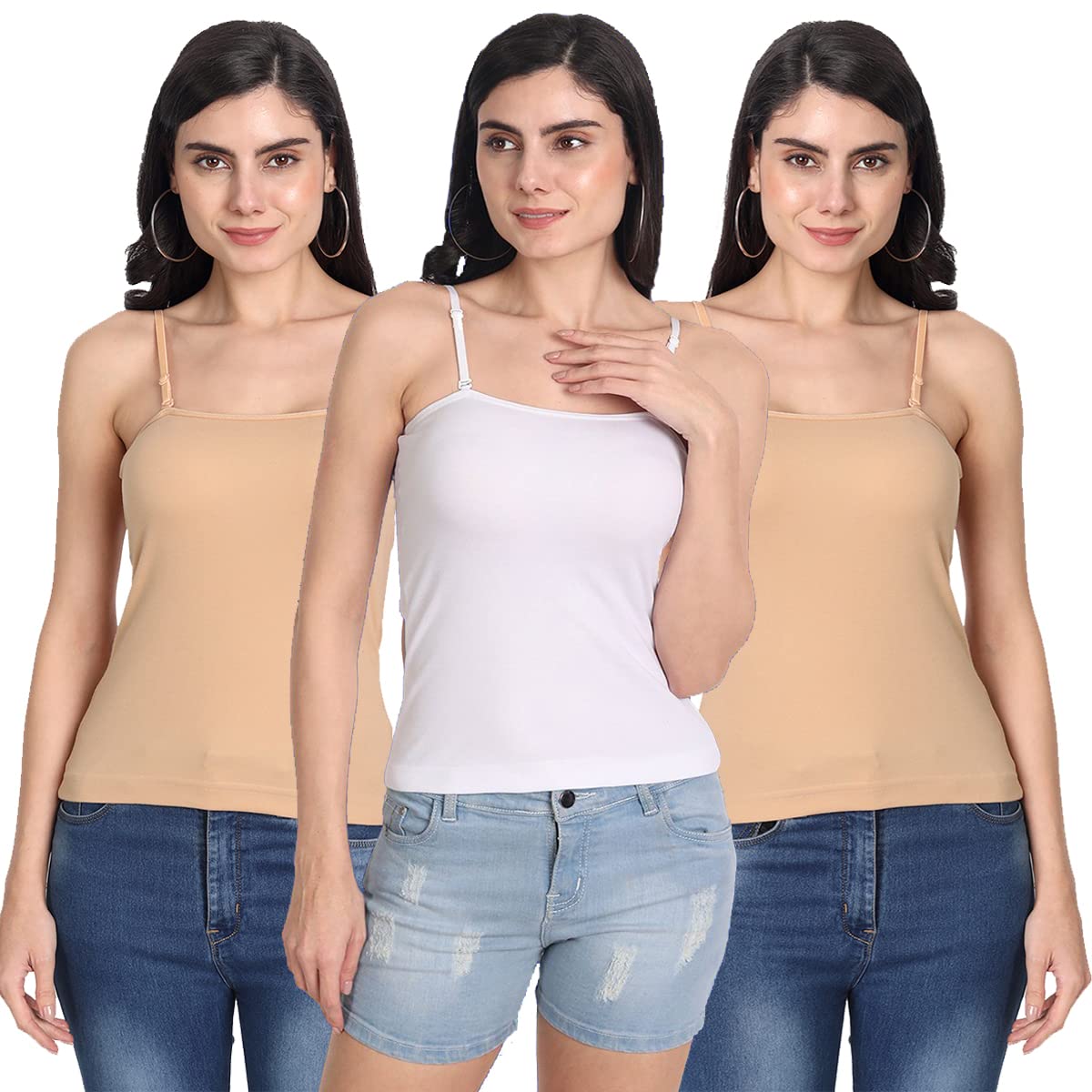aimly Women Cotton Square Neck Extra Transparent Removable Strap Spaghetti Camisole Combo Pack of 3-picture-35