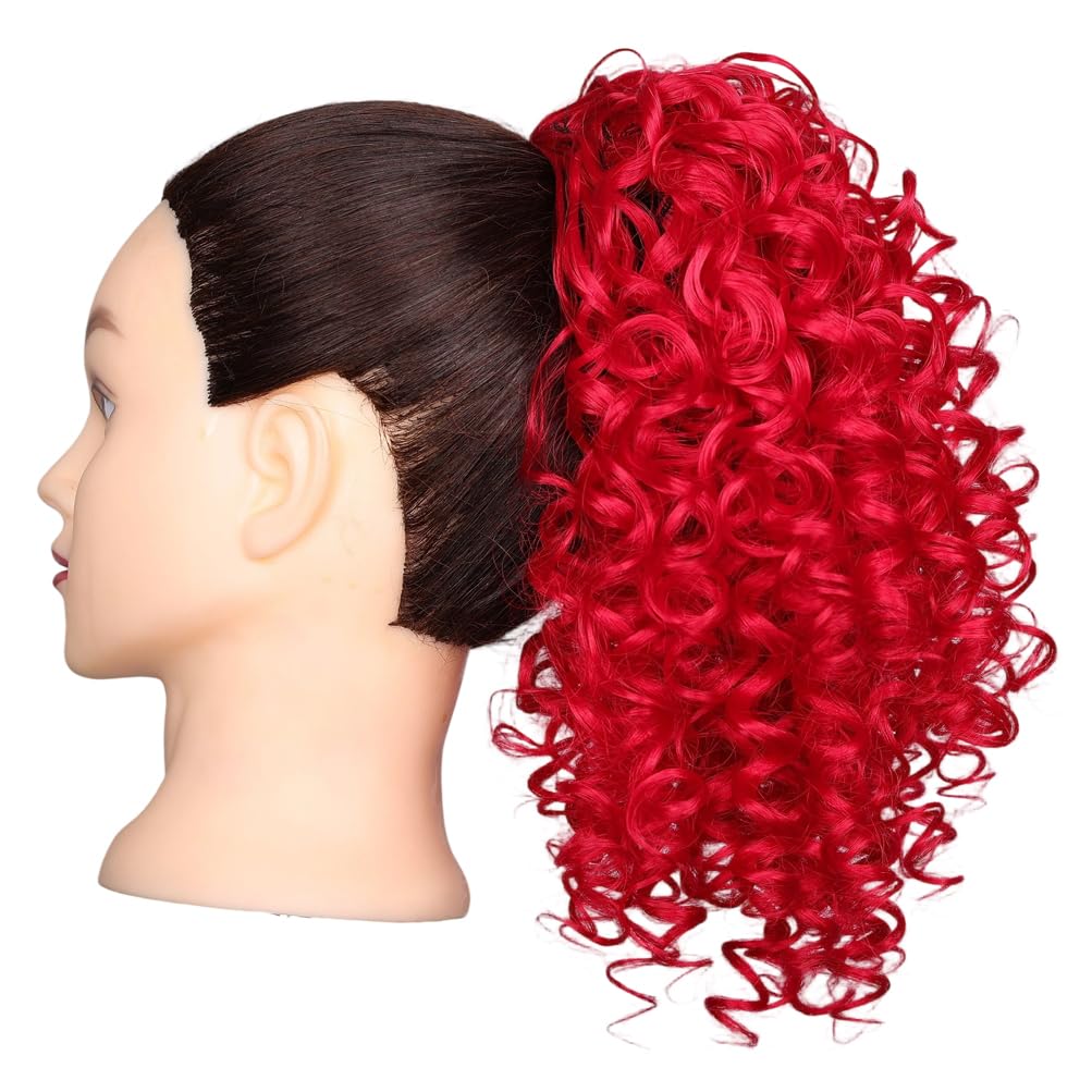 Xiaofeng Spring Curly Ponytail Hairpiece Drawstring Synthetic Ponytail Extension for Women and Girls Daily Use (Red, 12 Inches)