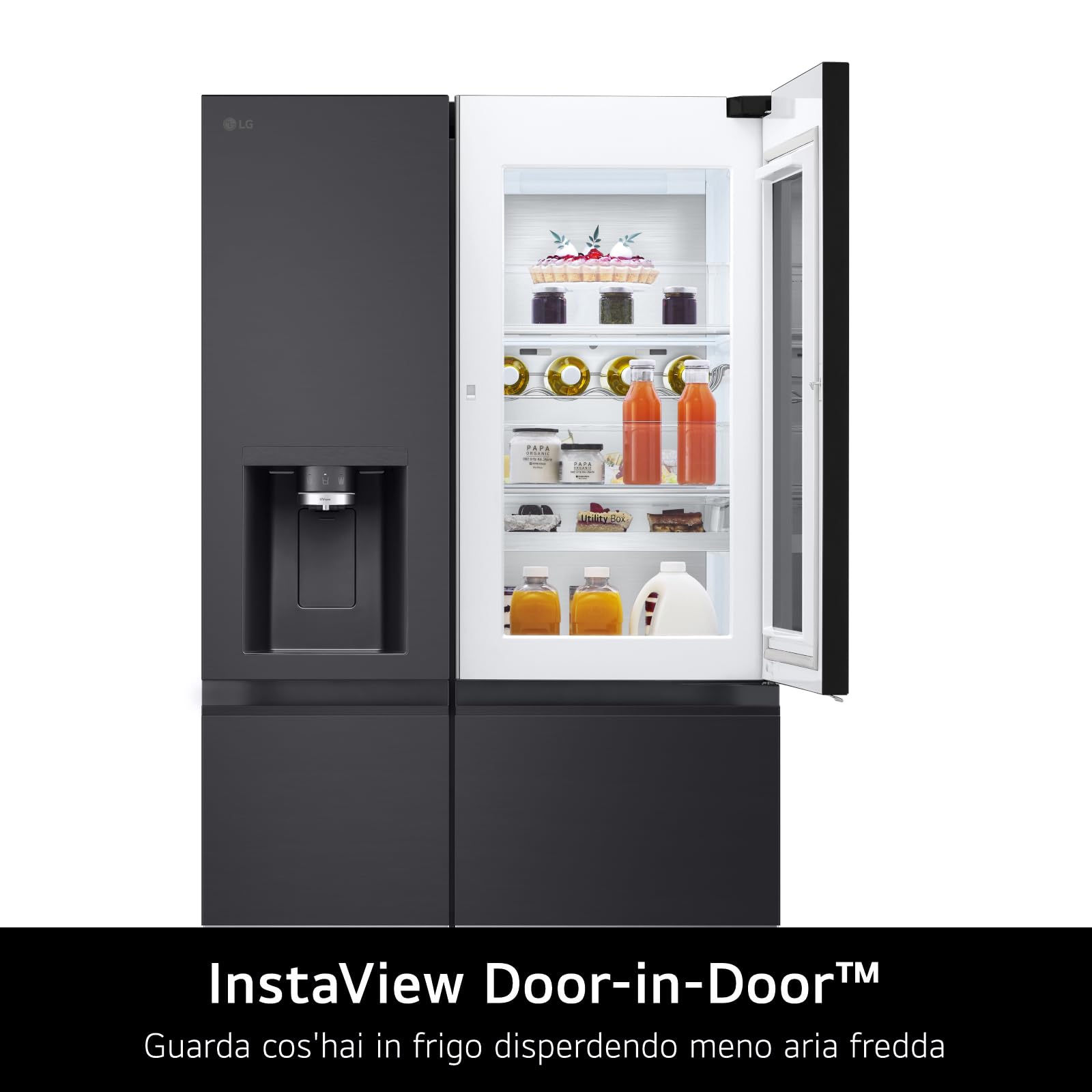LG GSXE91EVAD Frigorifero Americano InstaView, Classe D, 628 L, Wi-Fi, Dispenser Acqua UVnano Senza Allaccio, Tecnologia Door e Linear Cooling, Acciaio Nero
