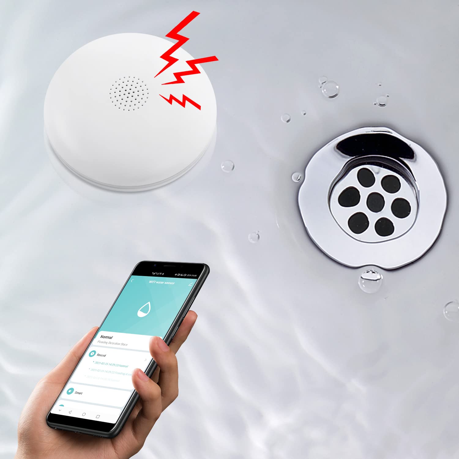 HEIMAN Czujnik wody WLAN, czujnik wody, Wi-Fi alarm wodny z baterią, inteligentny czujnik wody, podłoga, 75 dB WiFi 2,4 GHz, do kuchni, piwnicy i łazienki (1) (1 sztuka)