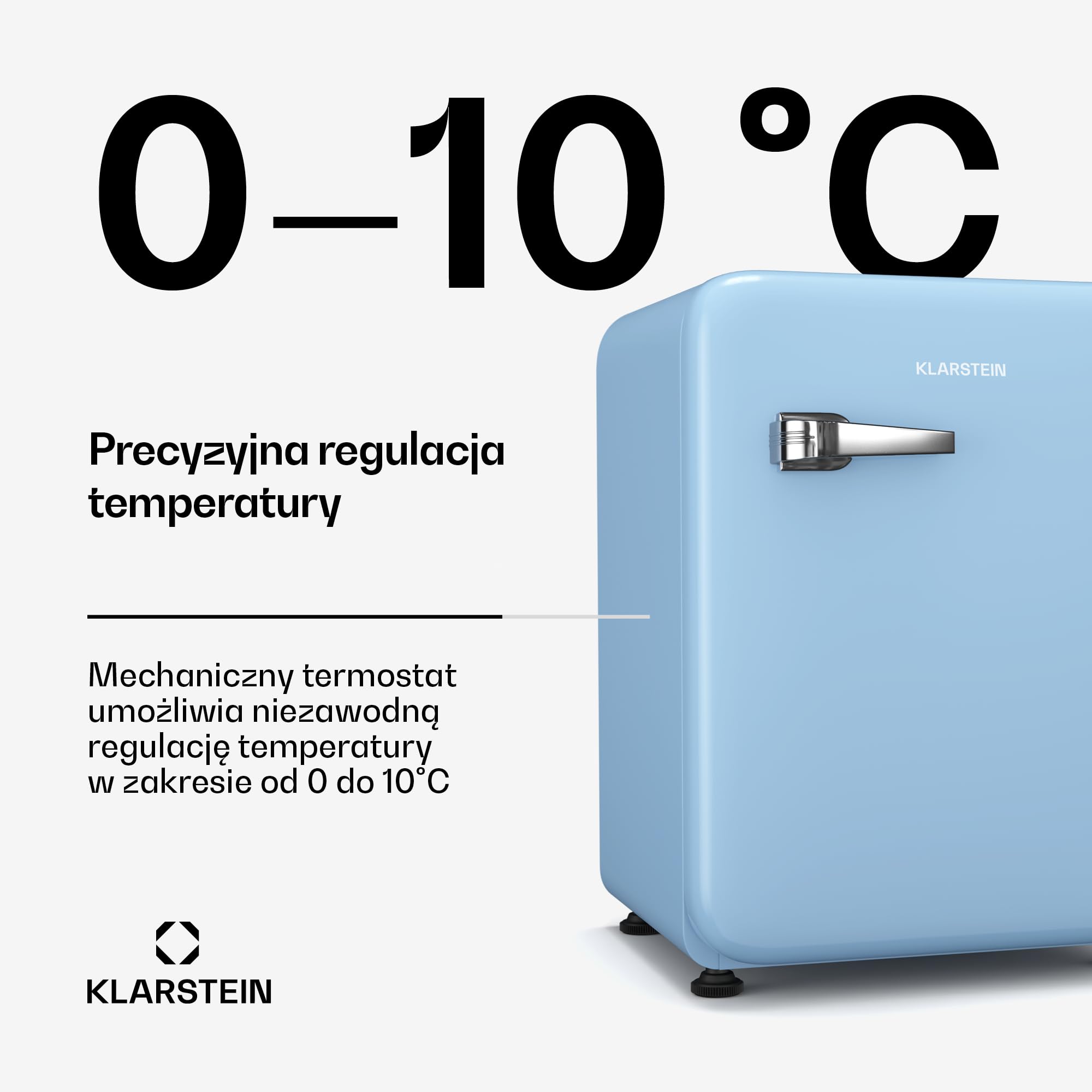 Klarstein Audrey Evo 68L Retro mini lodówka - Cicha 40 dB, Kompaktowa mała lodówka z regulowanymi nóżkami, Drzwi dwustronne, Termostat mechaniczny, Niebieska, Idealna do sypialni i biur