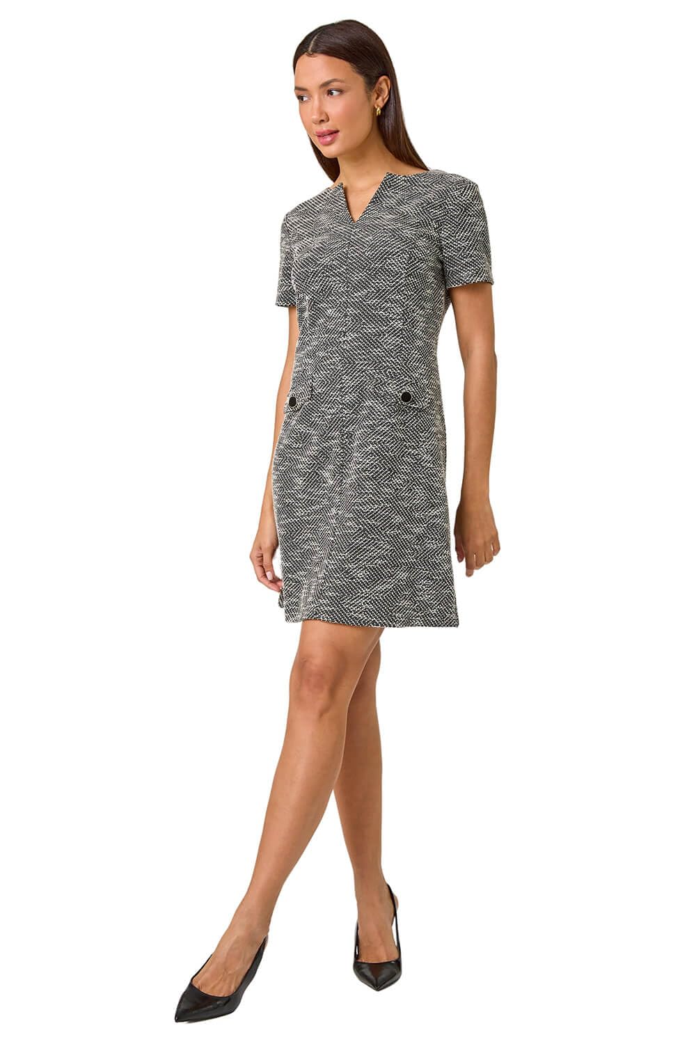 Roman Originals Women's Charcoal Textured Pocket Detail Stretch Dress For Uk - Everyday Autumn Winter V-Neckline Comfy Soft Evening Vacation Work Party Night Out - Size 18